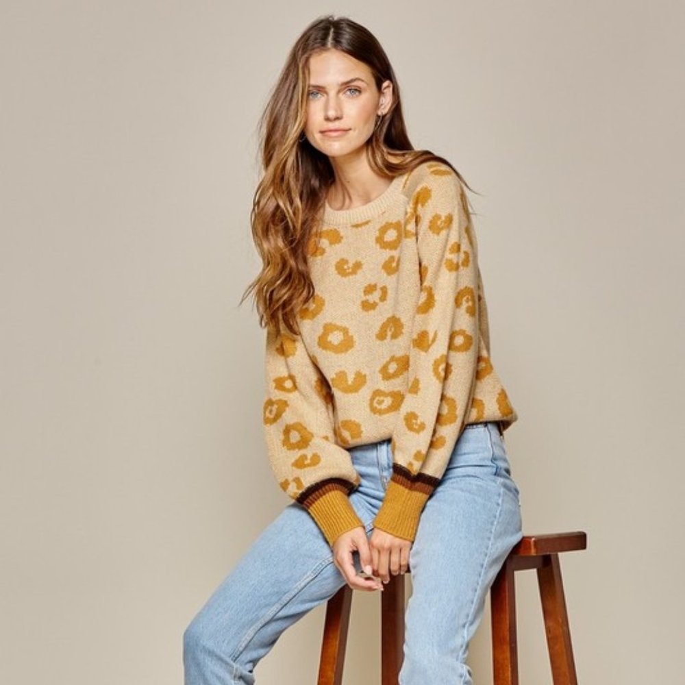 Taupe Leopard Sweater with contrasted color neckline, sleeves and hemline. - Picture 2 of 6